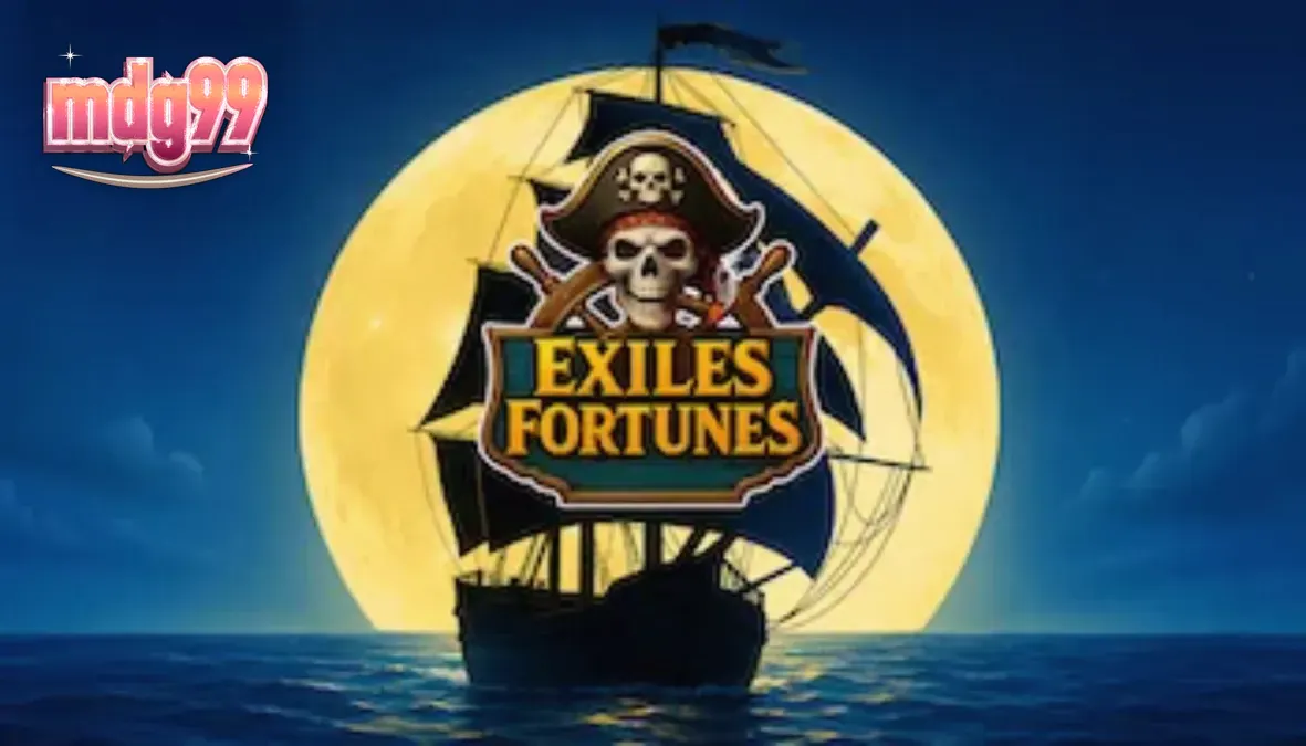Tampilan layar permainan slot Exiles Fortunes dengan tema bajak laut dan gulungan 3x3 yang penuh warna.