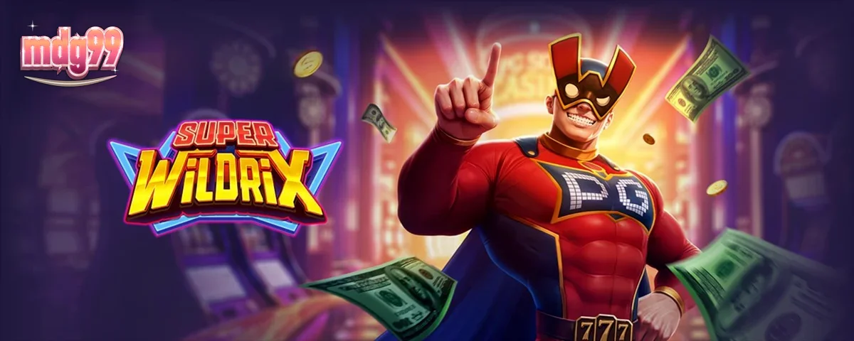 Tampilan visual slot Super Wildrix dengan tema pahlawan super dan lampu neon kota